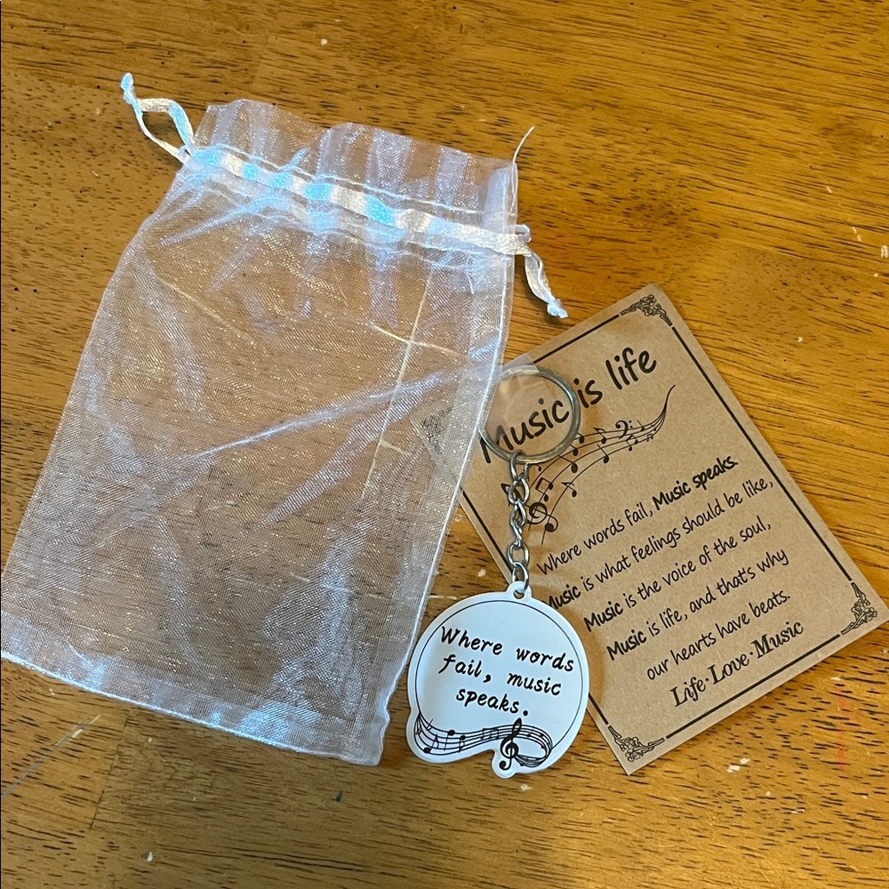 Music Is Life Quote Keychain with Organza Bag and Card